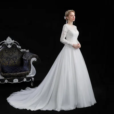 Long Sleeves Muslim and Transparent Luxury Beading Top Small a Line Bridal Church Silk Wedding Gowns Chapel Train