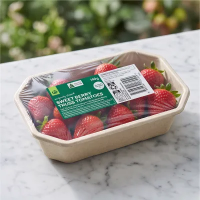 Film Laminated Compostable Sugarcane Bagasse Fiber Disposable Meat Tray Fruit Plate for Supermarket