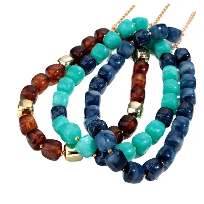 Women Vintage Brown Mixed Shape Beaded Necklace Gold Spacer Stone Strand Necklace Boho Retro Statement Fashion Jewelry