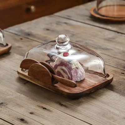Wooden Butter Dish with Glass Lid & Wood Knife Butter Keeper Container, Suitable for Dessert Dish Kitchen Countertop Decor