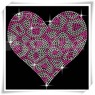Wholesale Custom Bling Leopard Rhinestone Heart logo Heat Transfer Design Hotfix Rhinestone Transfers for t Shirt Hoodies