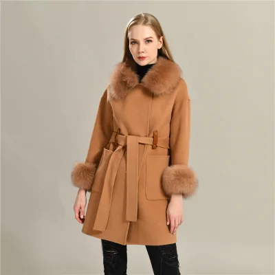 High Quality Real Fox Fur Collar Loose Style Plus Size Warm Wool Coat Fur Trim Pink Cashmere Coat With Fur