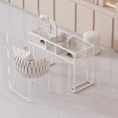 Cream Style Nail Art Table and Chair Set Nail Salon Dedicated Table and Chair Combination Glass Nail Table Single Double