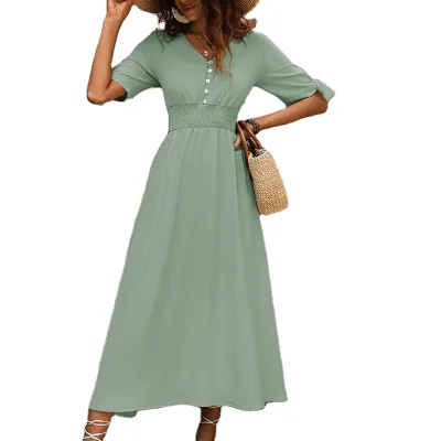 New Summer Commuting Casual High-Waisted Stretch Pleated V-Neck Solid Color Dress
