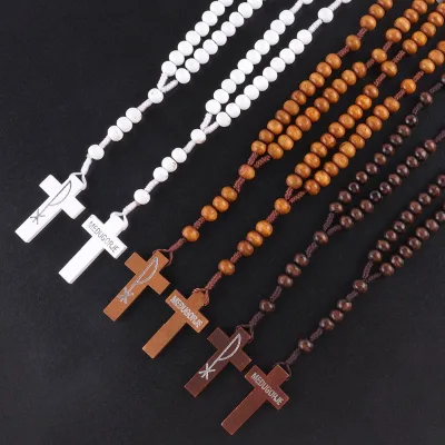 Customization Catholic Wooden Charm Cross Handmade Faith of Religious Virgin MaryJewelry Rosary