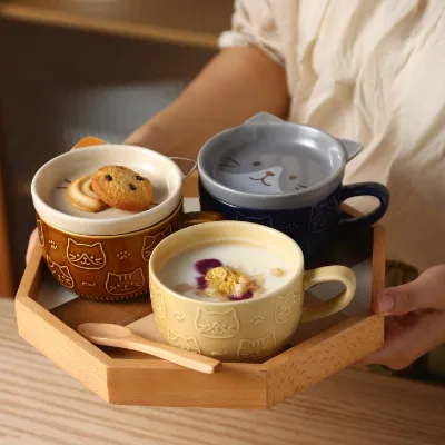 Hot Selling Cute Cat and Dog Coffee Cup Set with Cat Plate Cute Cat Theme Ceramic Cup Gift Box Suitable for Milk Afternoon Tea