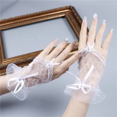 Lolita Style Lace Fingerless Gloves for Women Wedding Bride Length Wrist Lace Gloves Fish Net Design With BowTie Sexy Decoration