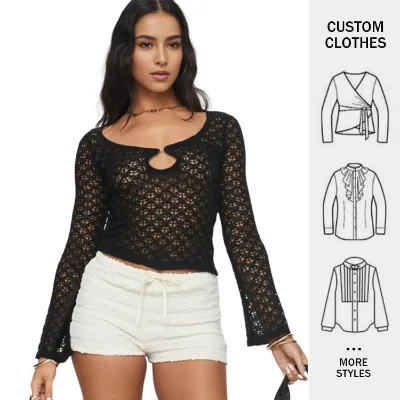 Customized Autumn New Black Round Neck Knitted Crochet Skeleton See Through Loose Long Sleeve Women's Sexy Short Top