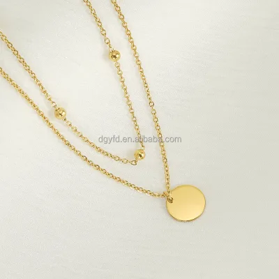 Trendy Layered Bead Necklace Gold Stainless Steel Minimalist Disc Pendant Custom Laser Engraved Logo ID Tag Aesthetic Jewelry