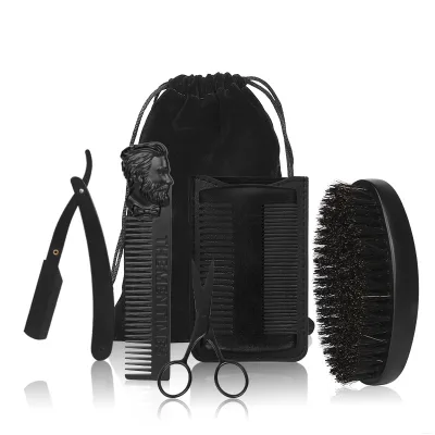 Elegant Black Beard Brush and Comb Set Men Grooming Natural Boar Bristle Beard Brush Pear Wood Comb Trimming Beard Scissors