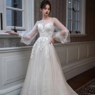 Long Sleeve Lace Flower Pattern Wedding Dresses Fashion Flowers High Quality Lace Tulle A-line Wedding Dresses
