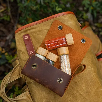 Custom Vintage Crazy Horse Cowhide Spice Bag with Portable Glass Spice Jar and Leather Ring for Camping Kitchen