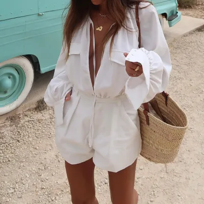 Women's Fashion Casual Cotton and Hemp Jumpsuit Solid Color with Ruffle Decoration Skinny Fit for Spring/Summer