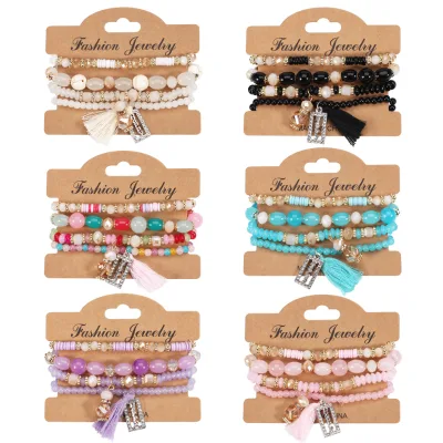 4pcs/set Bohemian Multilayer Artificial Crystal Tassel Pendants Bead Strand Bracelets Women Ethnic Fashion Elastic Rope Bracelet