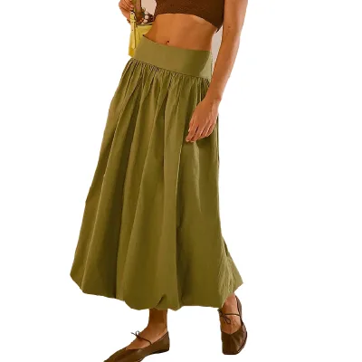 Plus Size Custom Summer 100% Cotton Poplin Smocked High Waistband Ruched Bubble Hem Midi Skirt