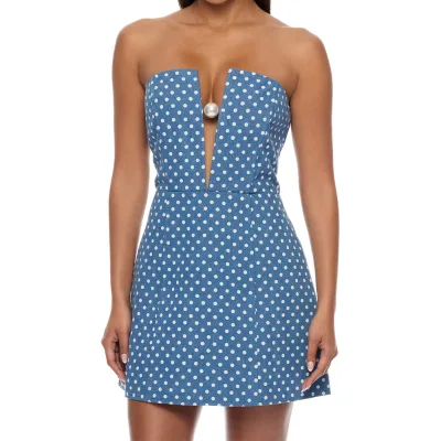 Polka Dot Denim Dress Women Strapless Pearl Deep V Neck Sexy Mini Jean Skirt Bodycon Y2K Retro Sleeveless Blue Partywear Custom
