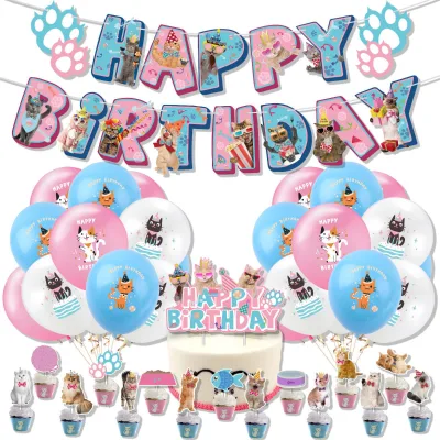 Pet Cat Theme Birthday Party Decoration Pink Blue Cat Pull Flag Banner Cake Insert Card Balloon Set Layout Supplies