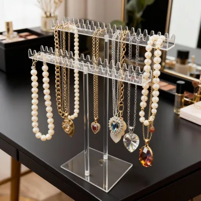 Acrylic Necklace Storage BoxTransparent Necklace Stand Jewelry Organizer Display Rack Double-Sided Hooks