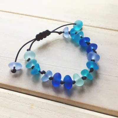 Natural Sea Glass Lampwork Adjustable Flat-Knot Braided Blue Woven Women's Gift Bracelet