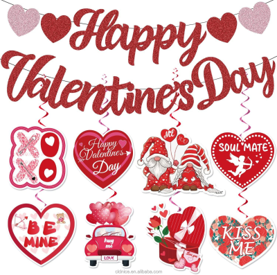 Nice Valentines Day Garland Kit Hanging Decorations Happy Valentine Day Glitter Red Heart Garland Banner Hanging Decorations