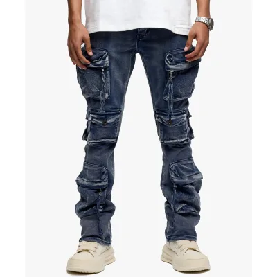 Custom Mens Cotton Denim Pants Stacked Cargo Pants Plus Size Multi-pockets Breathable Comfortable Slim Jeans Pants for Men