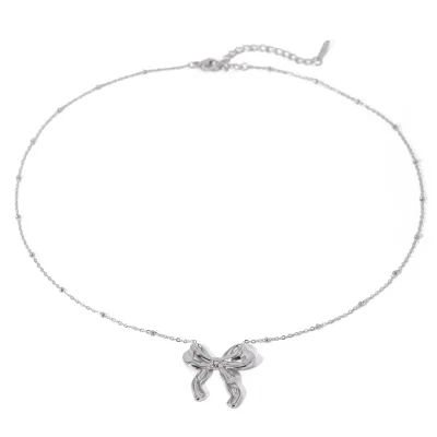 Silver Stainless Steel Bow Necklace Bow Pendant Necklace for Girls
