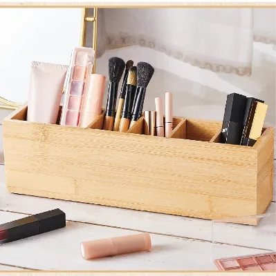 Wooden Rectangle Handmade Classic Pencil Pen Holder for Desk 6 Compartments Cosmetic Makeup Brush Stationery Office Desktop