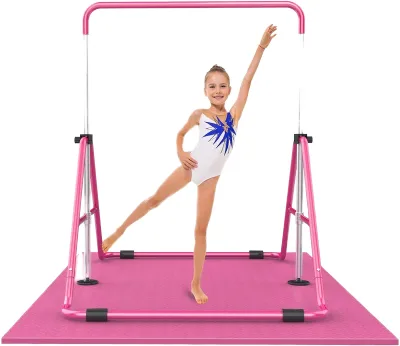 Gymnastics Bar for Kids,Adjustable Height Gymnastic Horizontal Bars,Folding Gymnastic Junior Training Kip Bar for Home, Pink