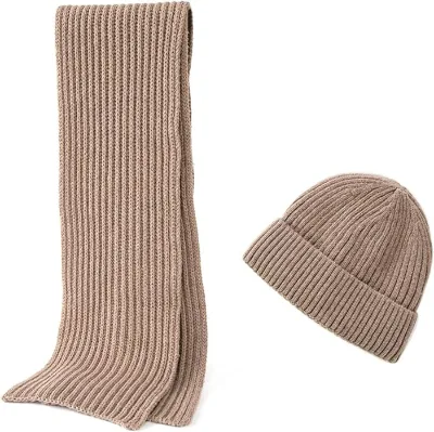 Winter Women Soft Warm Long Scarves Wool Beanie Hat Set With Fleece Lined