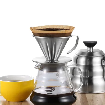 Stainless Steel Pour Over Coffee Dripper Reusable V Shaped Cone Filter Slow Drip Brewing Accessory Handle for Home Cafe