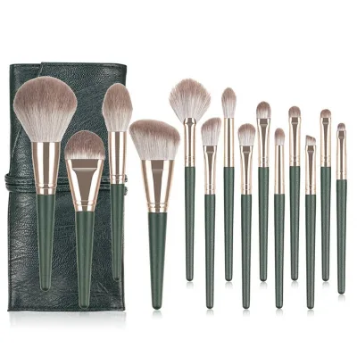 14pcs Green and Gold Vegan Synthetic Hair Plastic Handle Cute Custom Cosmetic Makeup Brush Set