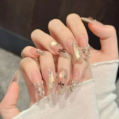New Autumn/winter Purely Handmade Almond-shaped Transparent Nail Tips Coffee-colored Bow-knot -style Cat-eye Stickers