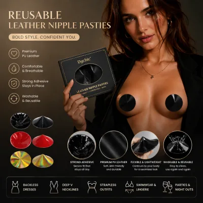 Dgchic Leather Black Iron Ring Womens Panties Silicone Sticky PU Reusable Adhesive Breast Nipple Cover Sexy Girl Breast Sticker