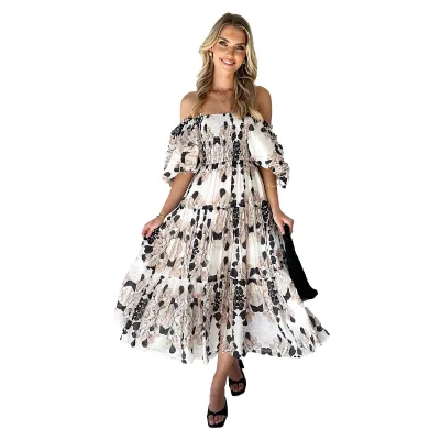 Hot Selling Summer Casual Bohemian Floral Puff Short Sleeve Elegant Midi Dress for Women