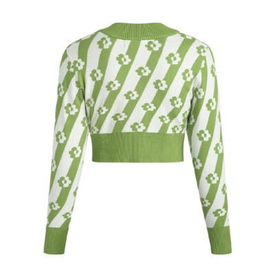 The 2022 New Long-sleeved Short-style Striped Floral Waist in Cardigan for Women