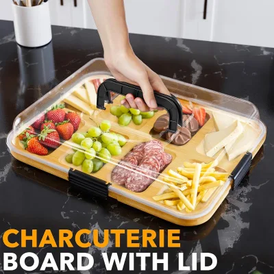 Charcuterie Board with Clear Lid, Portable Travel Cheese Cutting Boards for Picnic Accessories, Bamboo Serving Tray with Lids