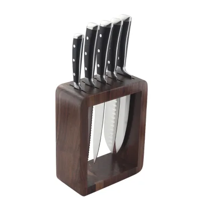 Walnut Wood Eco-Friendly Modern-Style Black Knife Block Holder with 5 Slots Carbon Steel Kitchen Knife Stand
