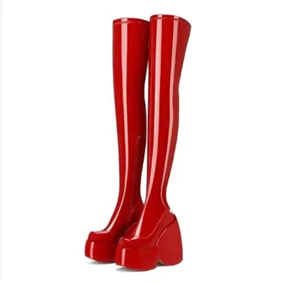 2022 Autumn Winter Long Sexy Over Knee Boots Thick Platform Wedge High Heel Shoes PU Patent Shoes for Ladies Big Size 43