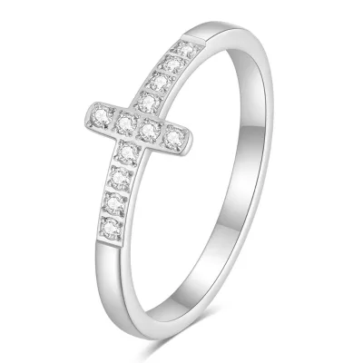 Platinum Stainless Steel Women's Christian Cross Wedding Ring Simple Heart Shape Open Diamond Zircon Classic Engagement Inlay
