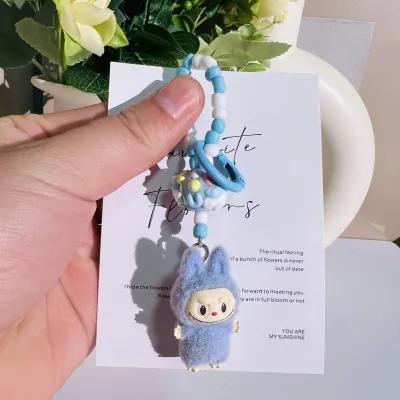 New Cartoon Cute Furball Labubu Key Chain Accessories Handmade DIY Flocking Sitting Labubu Doll Pendant Keychain
