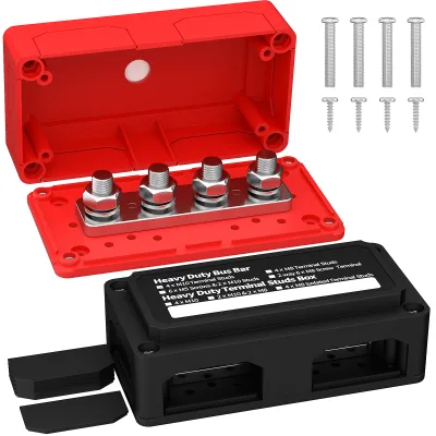 Heavy Duty 300A 4 Stud M10 Black/Red Terminal Block Distribution Line Connector Removable Plate Design Cover Premium Product