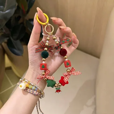 Vintage Plaid Bow Christmas Tree Elk Beaded Phone Chain Wrist Lanyard 2 in 1 Keychain Bag Charm for Women Girls