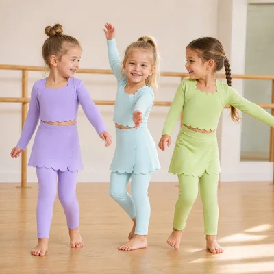 Wholesale Children Girls Scalloped Hem Ballet Outfit Long Sleeve Crop Top Skirt Leggings Custom Color Kids Clothes
