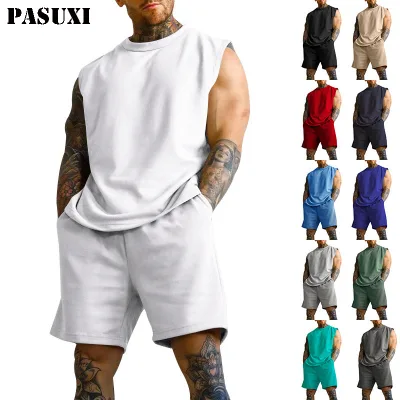 PASUXI New Summer Sleeveless Sports Suit Mens Street Style Casual Thin Top Solid Color Vest Two Piece Sets Mens