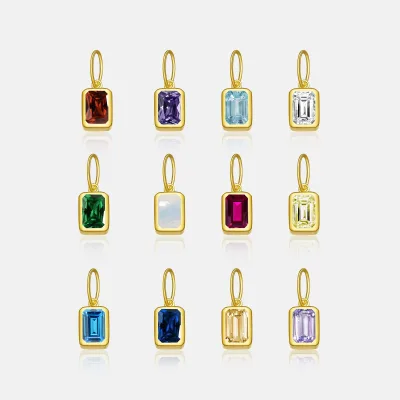 Mix and Match Birthstone Necklace Set - 12 Emerald Cut Charms Bezel Set S925 Bead Chain 18K Gold Plated