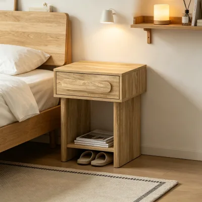 Japandi Modern Wooden Nightstand 1 Drawers Light Oak Side End Table Open Storage Shelf Minimalist Bedside Cabinet Apartment