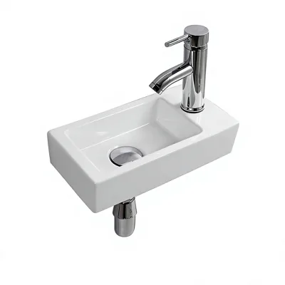 Wall Hung Small Cloakroom Basin Sink Rectangle Ceramic Wash Basin Right Hand Classic Single Hole Polished Finish