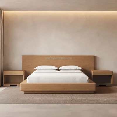 FERLY Minimalist Light Oak Platform Bed Set Smooth Rounded Wood Frame Matching Open Cubby Nightstand for Hotel Project