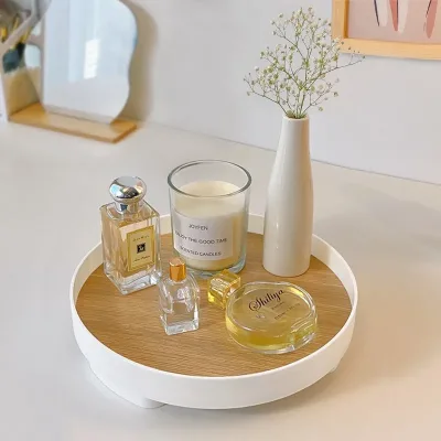 Nordic Wood Storage Tray Household Desktop Sundries Cosmetic Perfume Jewelry Key Plate Home Decorative Round Storage Trays
