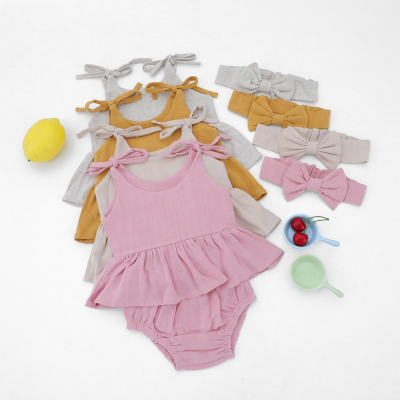 Summer Girls' Suspender Top Shorts Headband 3-Piece Infant Linen Suit Cute Baby Clothes